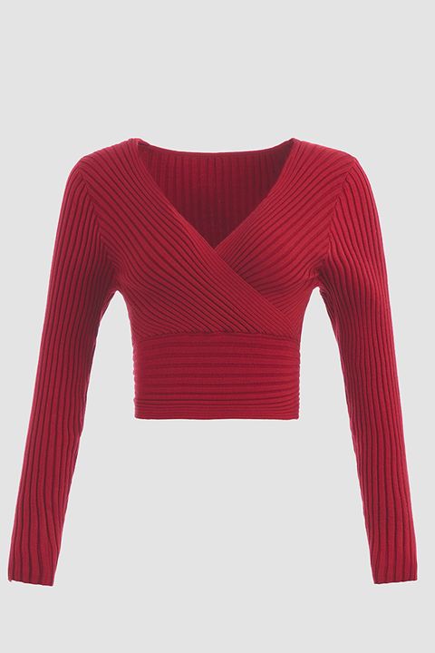 Flamingo Solid Overlap Rib-Knit V Neck Sweater