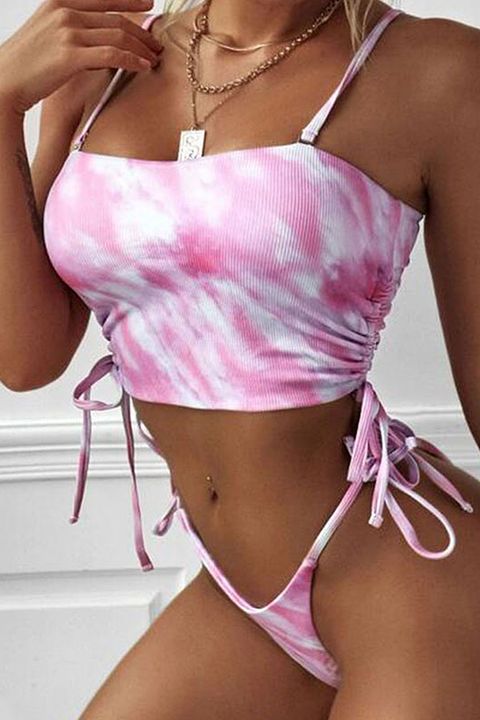 Flamingo All Over Print Ruched Tie Side Bikini Set