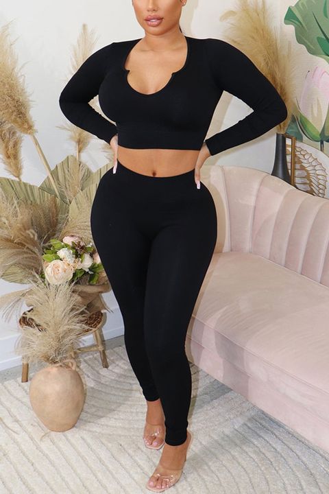 Solid Notched Neck Crop T-Shirt & Pants Set gallery 1