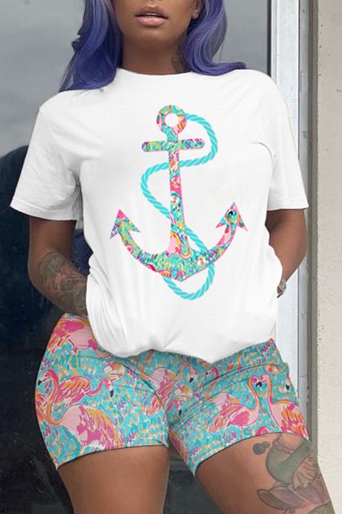 Flamingo Anchor Print Round Neck T-Shirt & Shorts Set
