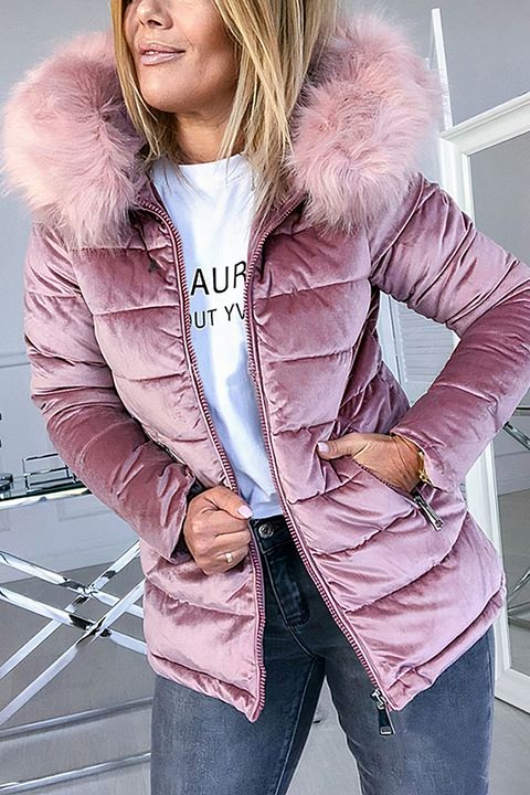 Flamingo Contrast Feather Zip Up Pocket Detail Hooded Puffer Jacket