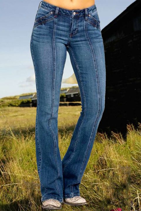 Embroidery Pocket Stitch Trim Mid Rise Flare Jeans gallery 1
