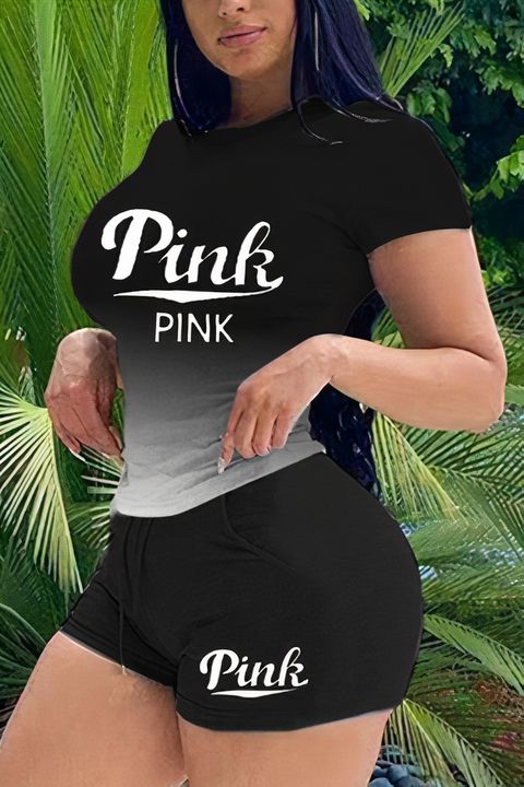 Flamingo Ombre Letter Print T-Shirt & Drawstring Shorts Set