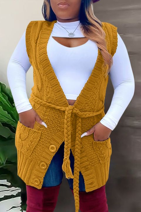 Cable Knit Belted Patch Pocket Sleeveless Cardigan gallery 1