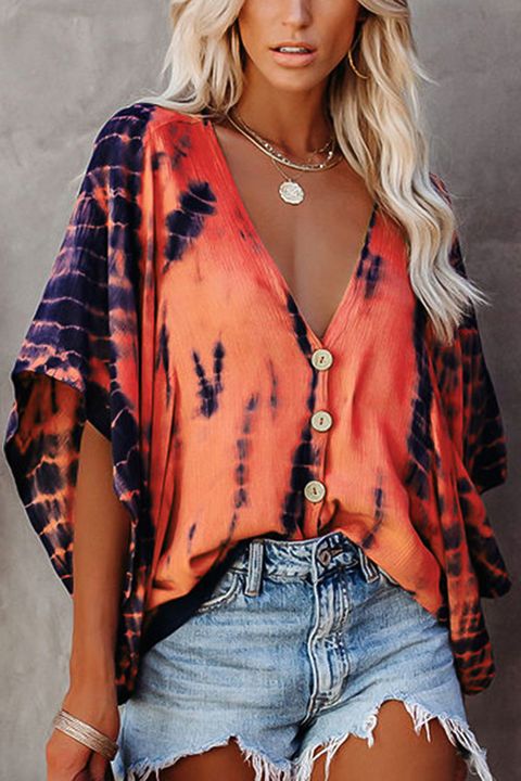 Tie Dye Button Up Plunging Neck Blouse gallery 1