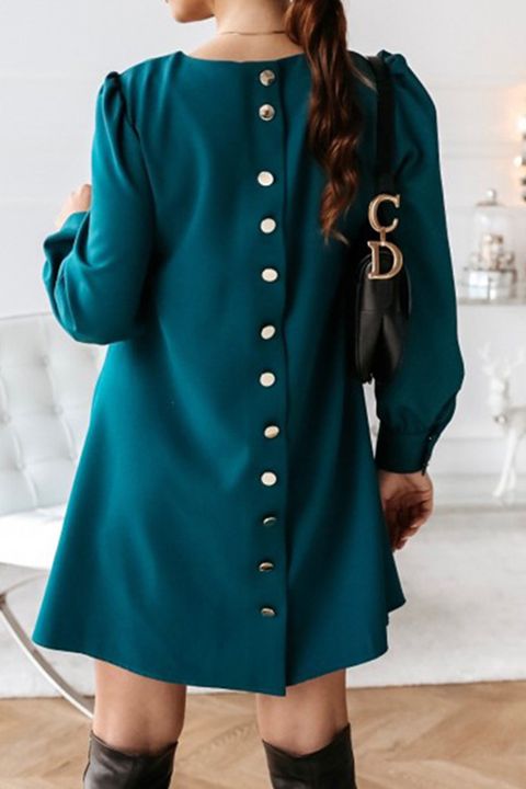 Solid Button Back Puff Sleeve Short Dress gallery 1