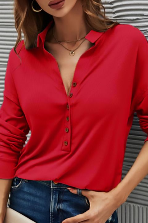 Solid Button Front Ribbed Blouse gallery 1