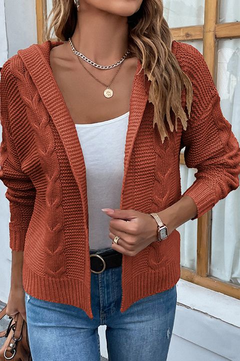 Flamingo Mixed Knit Open Front Hooded Cardigan