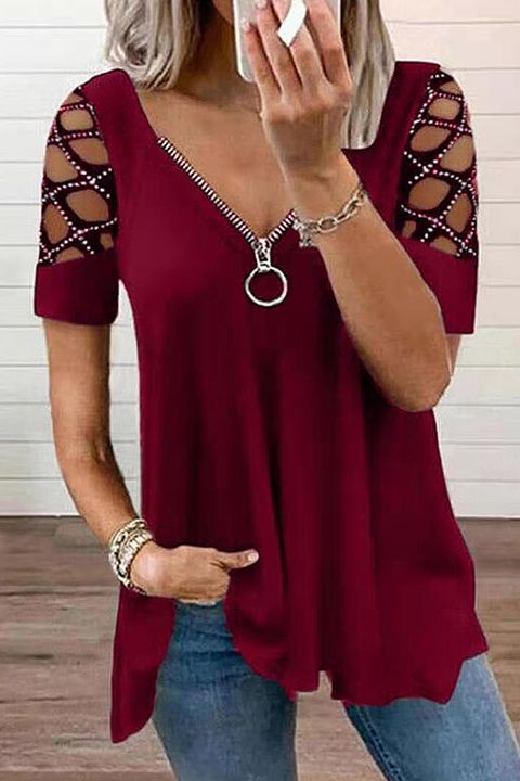 Rhinestone Decor Hollow Out Zip Detail Blouse gallery 1