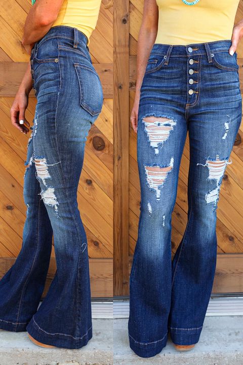 Flamingo Button Up Ripped High Waist Flare Jeans