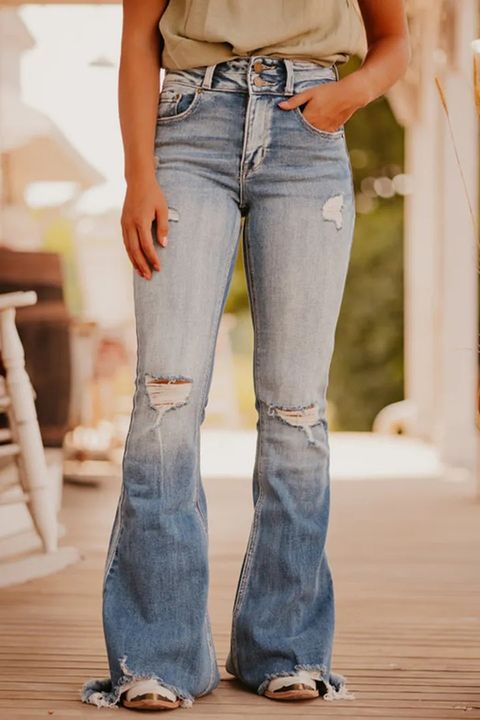 Stone Wash Ripped Knee Raw Hem Flare Jeans gallery 1