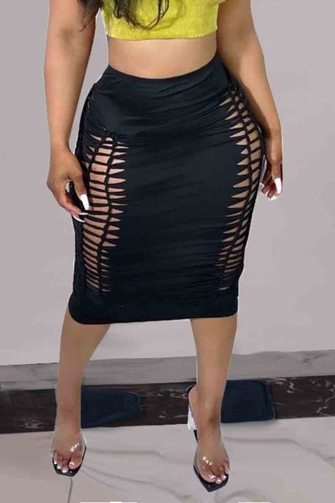 Solid Hollow Out Bodycon Midi Skirt gallery 1