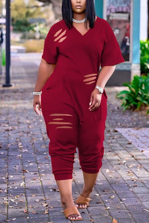 Solid Ripped Dual Pocket V Neck Jumpsuit gallery 1