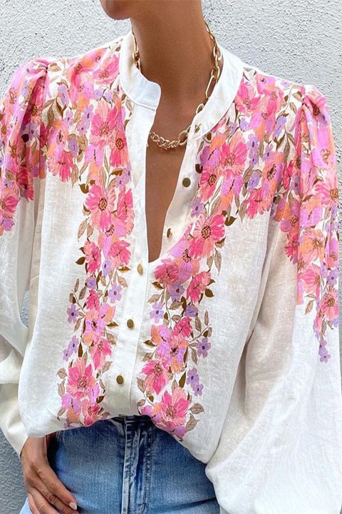 Floral Print Button Up Puff Sleeve Blouse gallery 1