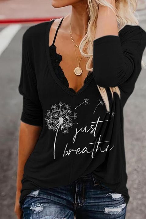 Dandelion & Letter Print Plunging Neck Long Sleeve T-Shirt Without Cami gallery 1