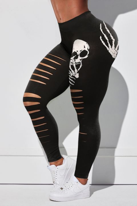 Skeleton Print Ripped High Waist Sports Leggings gallery 1
