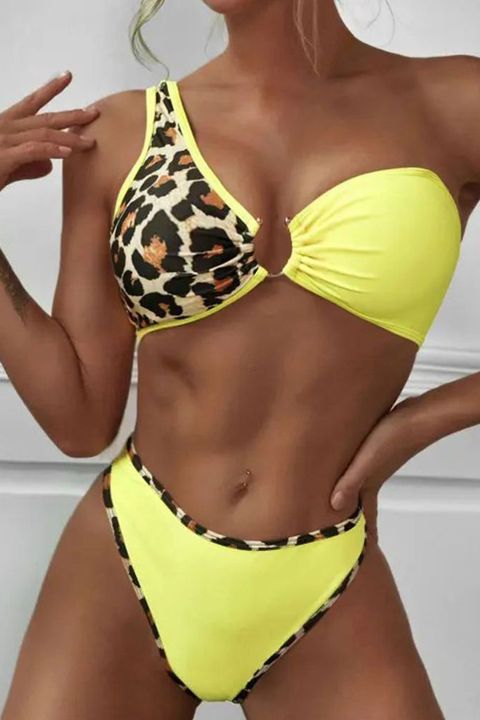 Contrast Leopard Ring Decor Ruched Bikini Set gallery 1