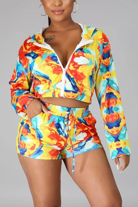 Flamingo Allover Print Zip Up Hooded Top & Shorts Set