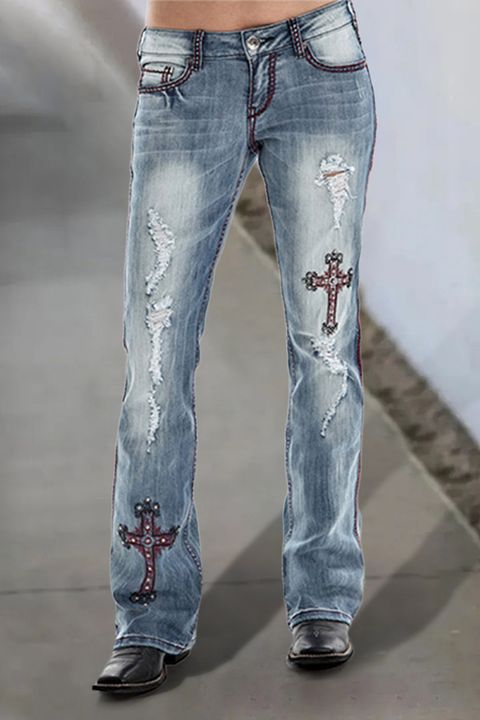 Ripped Embroidery Low Waist Bootcut Jeans gallery 1