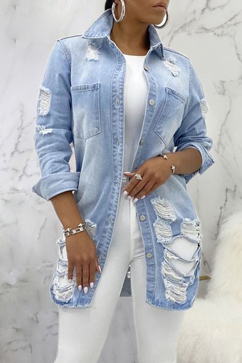 Dual Pocket Front Ripped Denim Coat gallery 1