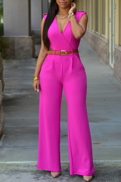 Solid Button Detail Surplice Neck Jumpsuit With Belt gallery 1