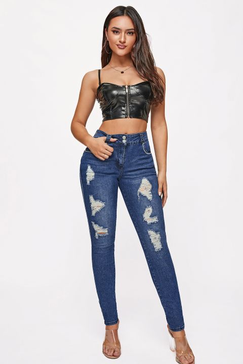Button Front Distressed High Waist Skinny Jeans gallery 1