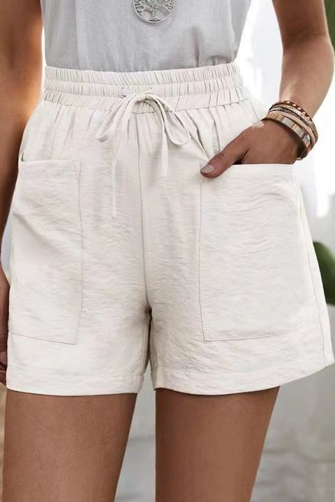 Flamingo Solid Pocket Front Drawstring Waist Shorts