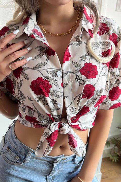 Flamingo Floral Print Button Through Short Sleeve Shirt