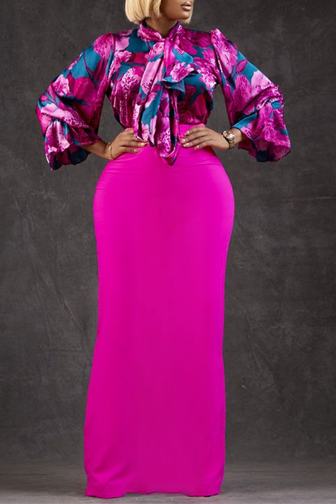 Flamingo Floral Print Tie Neck Ruffle Blouse & Maxi Skirt Set