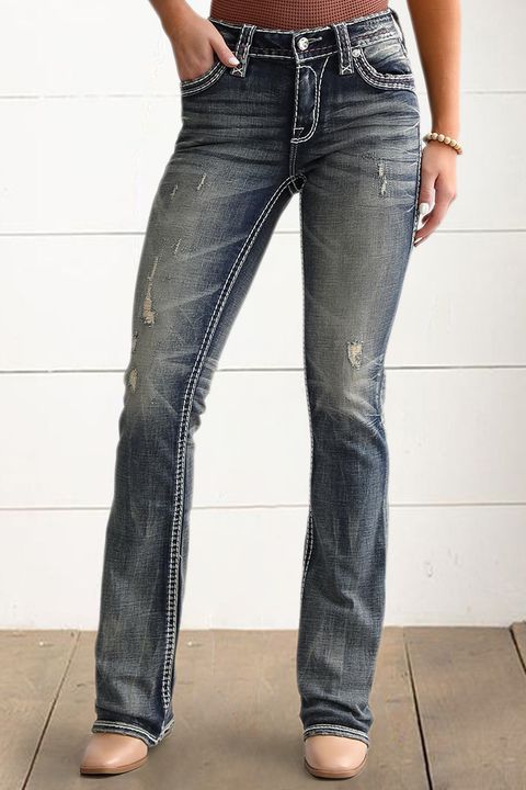 Flamingo Ripped Rhinestone Decor Flap Pocket Flare Jeans