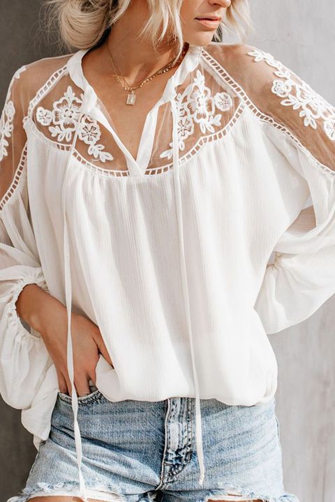 Flamingo Embroidery Floral Mesh Tie Front Chiffon Blouse