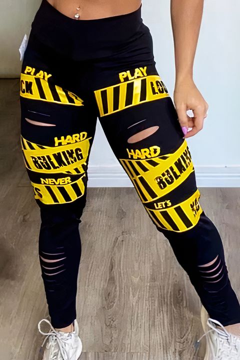 Flamingo Letter Print Ripped Wide Waistband Sports Leggings