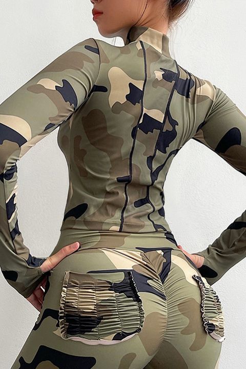 Camo Print Zip Front Stand Collar Sports Top gallery 1