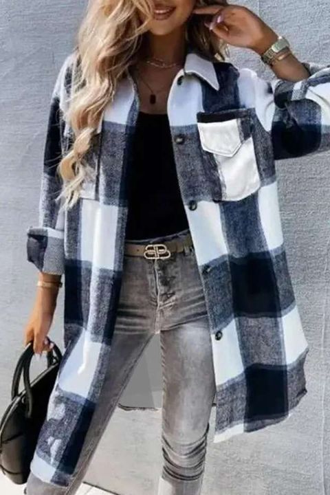Plaid Flap Pocket Button Up Knee Length Jacket gallery 1