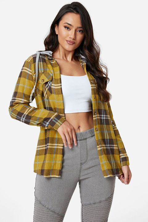 Flamingo Plaid Patch Pocket Blouse With Removable Hood