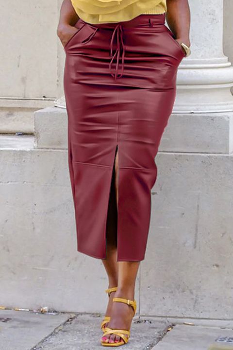 Flamingo Faux Leather Split Hem Belted Long Skirt