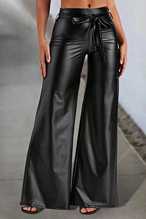 Flamingo Faux Leather Belted Wide Leg Pants