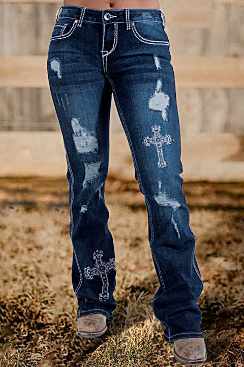 Flamingo Cross Embroidery Ripped Low Waist Bootcut Jeans