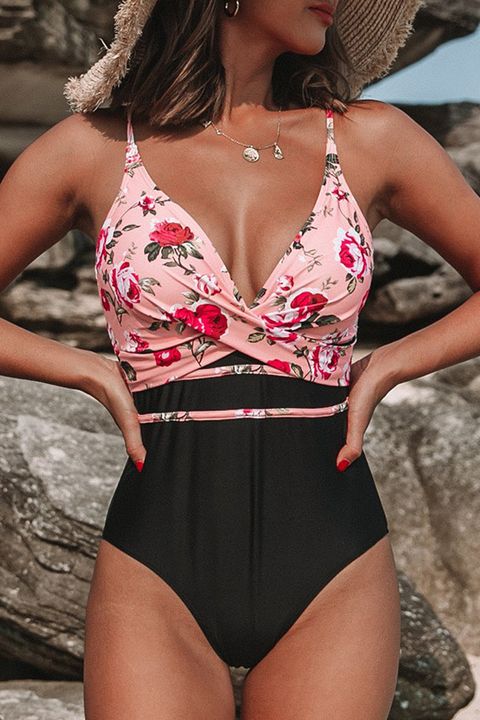 Colorblock Floral Print Overlap One Piece Swimsuit gallery 1