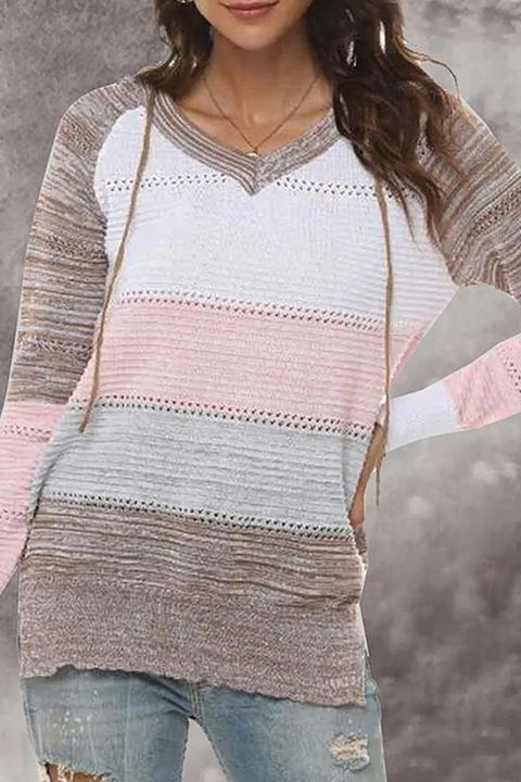 Colorblock Hollow Out Drawstring Hooded Sweater gallery 1