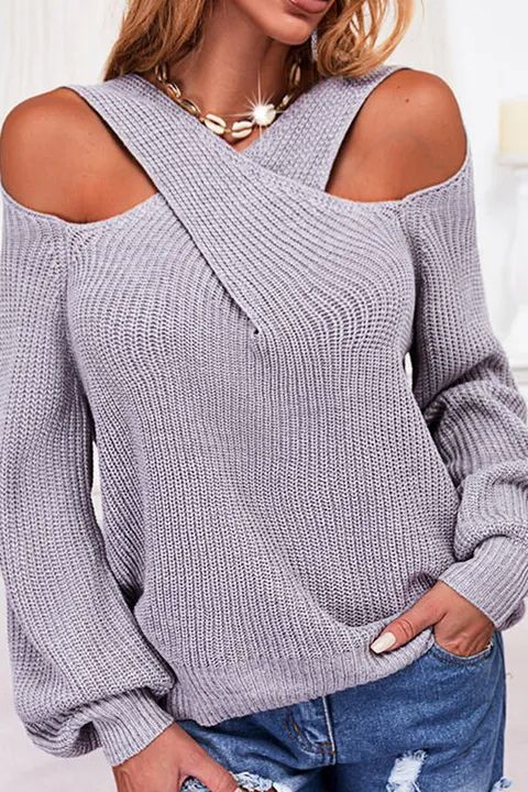 Chunky Knit Cold Shoulder Cross Wrap Sweater  gallery 1