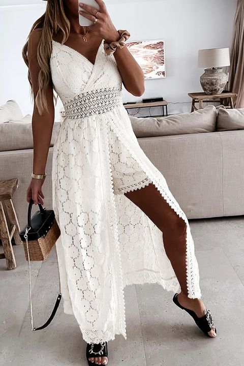 Floral Lace Trim Contrast Crochet High Low Romper gallery 1