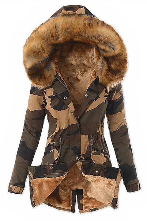 Camo Print Contrast Faux Fur Thermal Lined Button Up Coat gallery 1