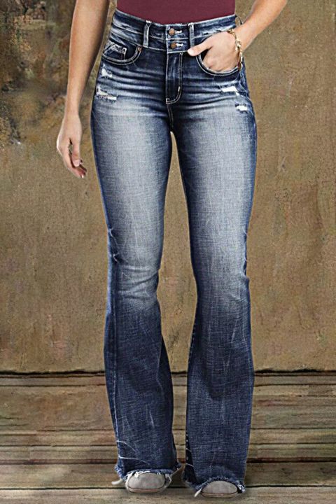 Double Button Ripped Raw Hem Bootcut Jeans gallery 1