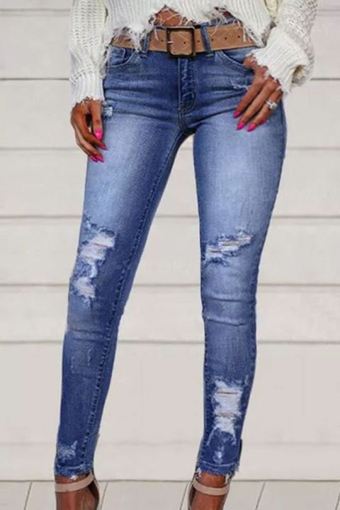Ripped Raw Hem Skinny Jeans Without Belt gallery 1