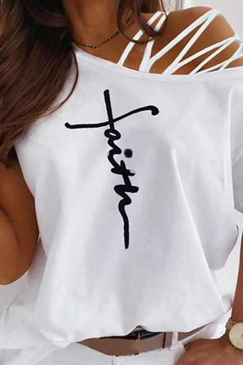 Flamingo Letter Print Hollow Out Asymmetrical Neck T-Shirt