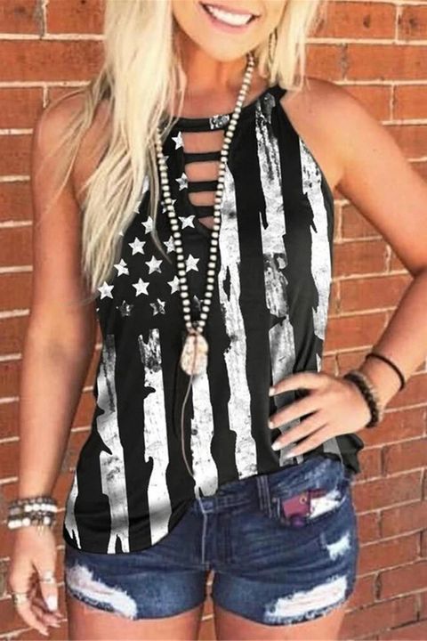 Flamingo American Flag Print Hollow Out Tank Top