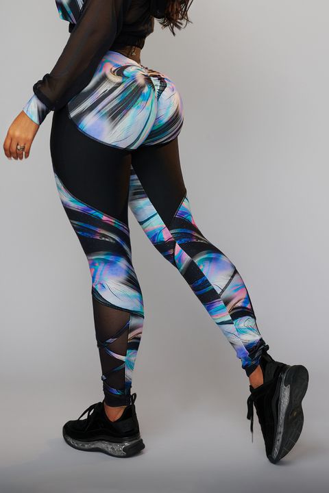 Flamingo Contrast Mesh Allover Print Ruched Detail Sports Leggings