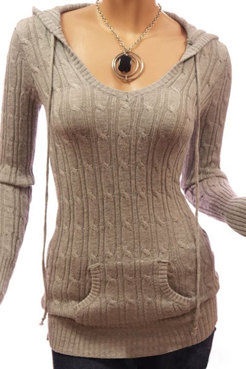 Cable Knit Pocket Front Drawstring Hooded Sweater gallery 1