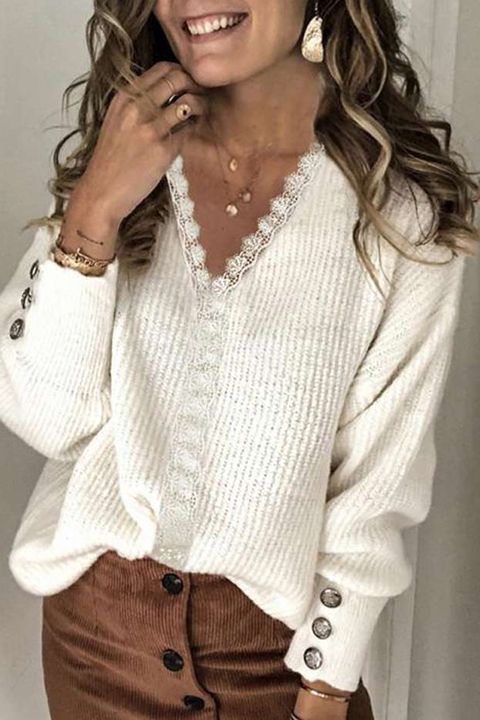 Lace Panel Button Trim Rib Knit Sweater gallery 1